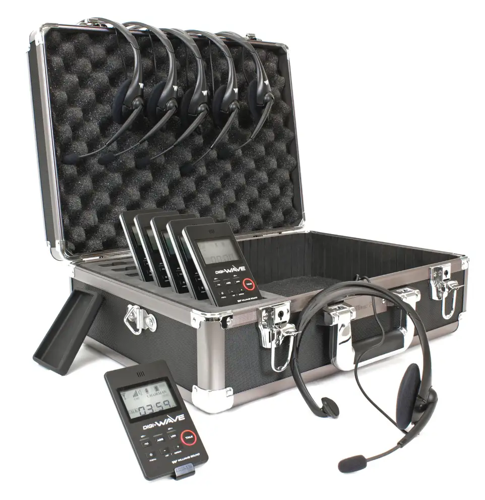 Portable interpretation equipment in a case with headsets and devices